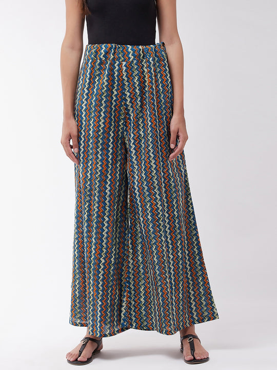 Blue Orange Zig Zag Print Palazzo