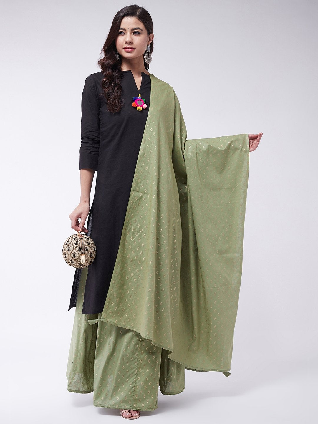 Green Gold Leaf Print Dupatta