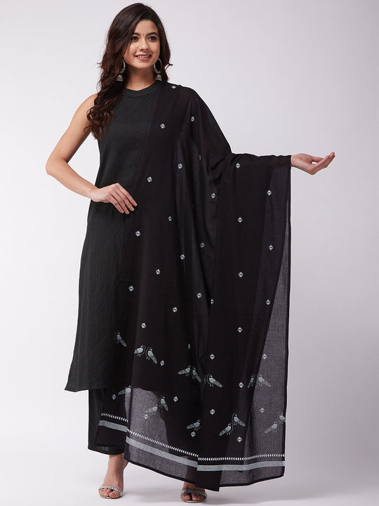 Black Bird Print Cotton Dupattas