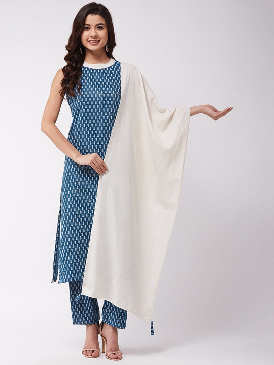 Off White Dupatta Indigo Tassel