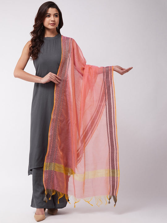 Peach Grey Thread Work Dupattas