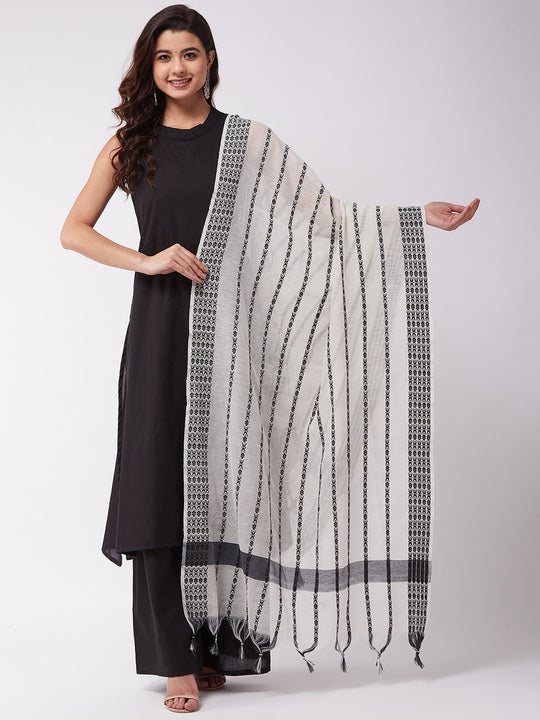 White Dupatta With Black Thread Work