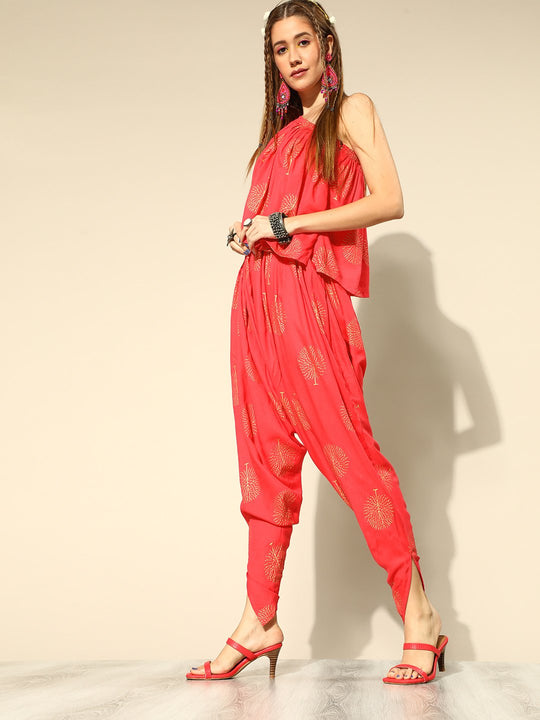 Coral Pink Frill One Shoulder Jumpsuit