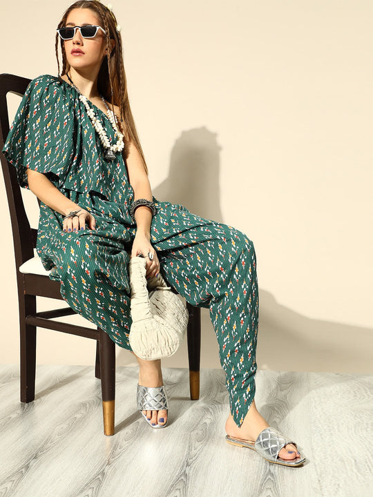 Fern Green Frill One Shoulder Jumpsuit