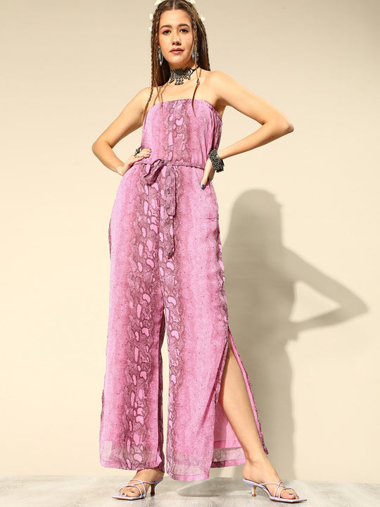 Orchid Purple Snake Print Off Shoulder Jumpsuit