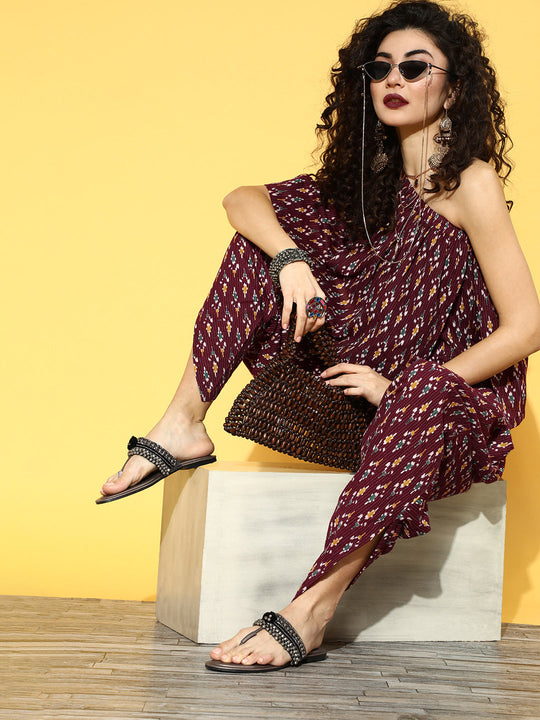 Brown Kantha One Shoulder Jumpsuit
