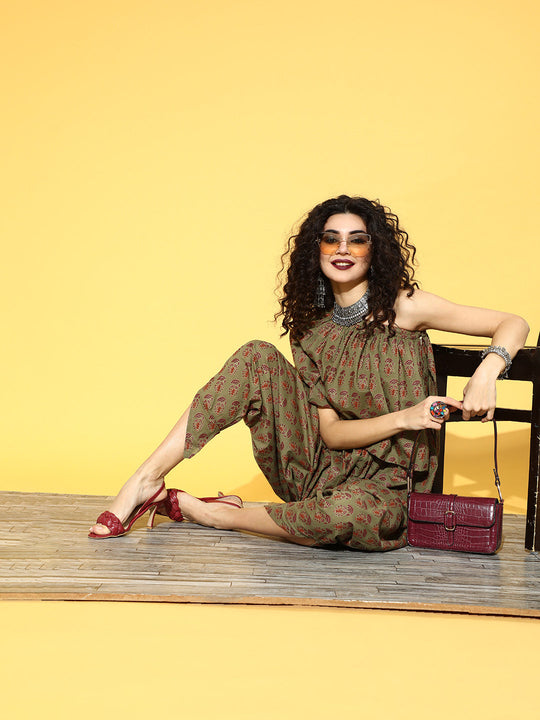 Green Gold One Shoulder Jumpsuit