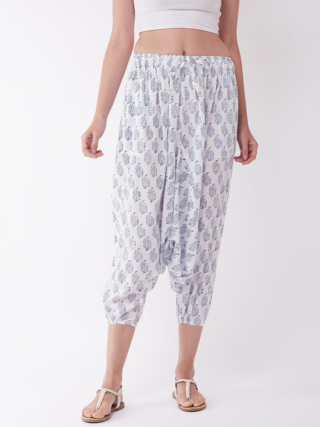 White Block Print Harem Pant