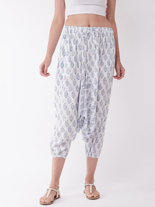 White Block Print Harem Pant