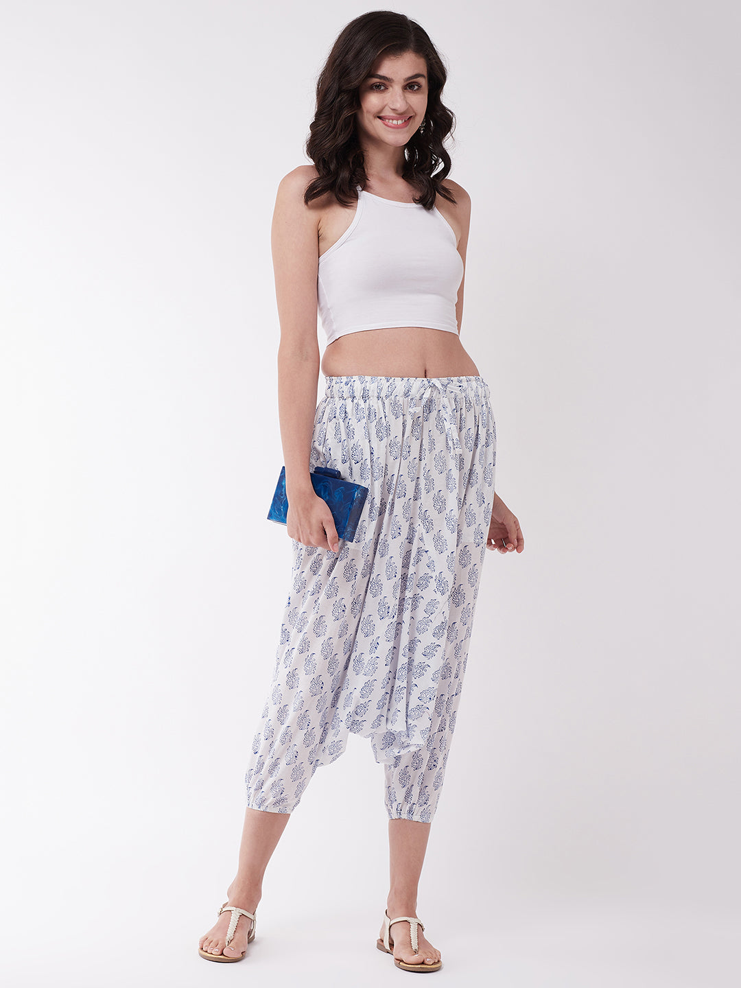 White Block Print Harem Pant