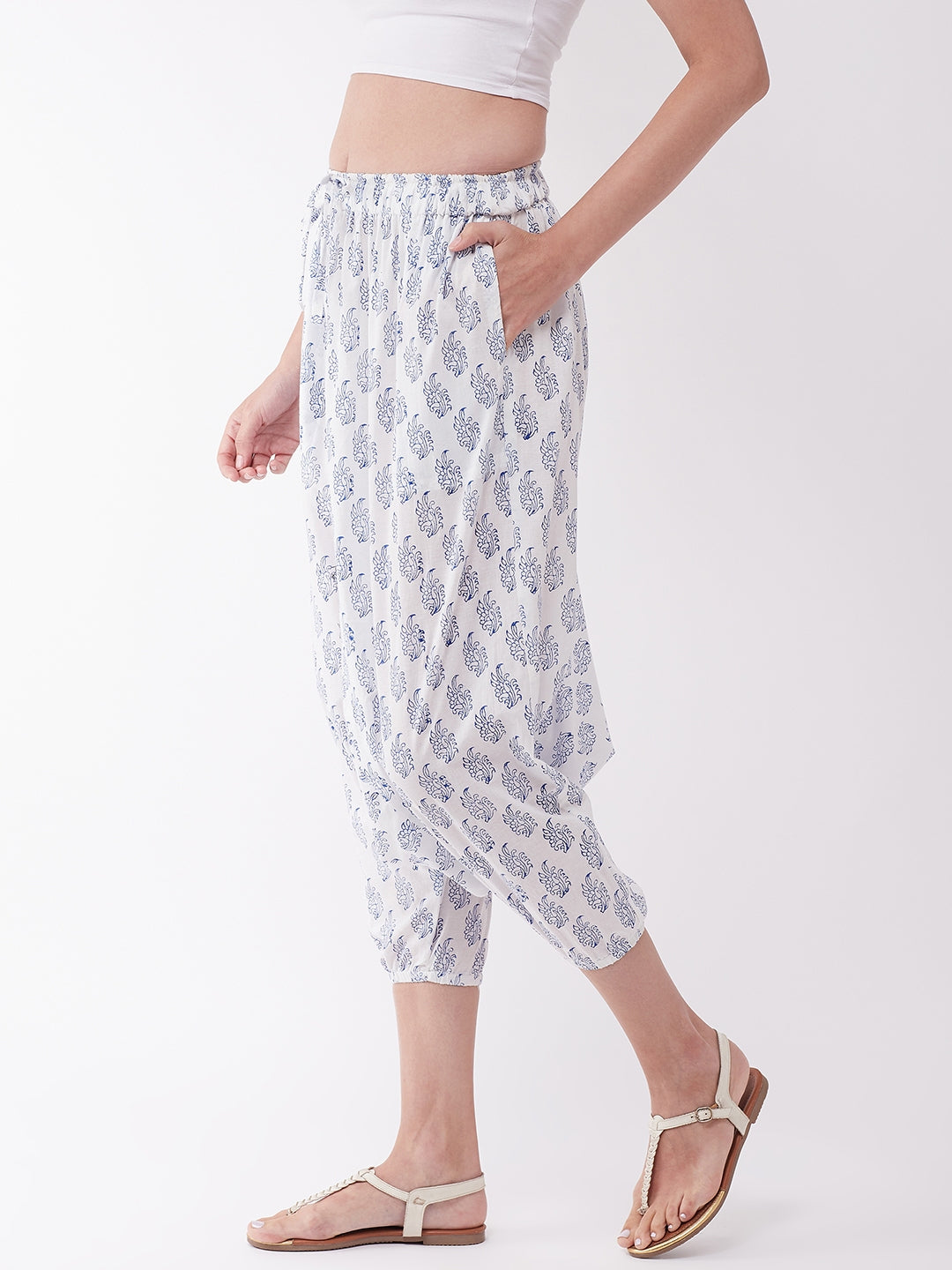 White Block Print Harem Pant