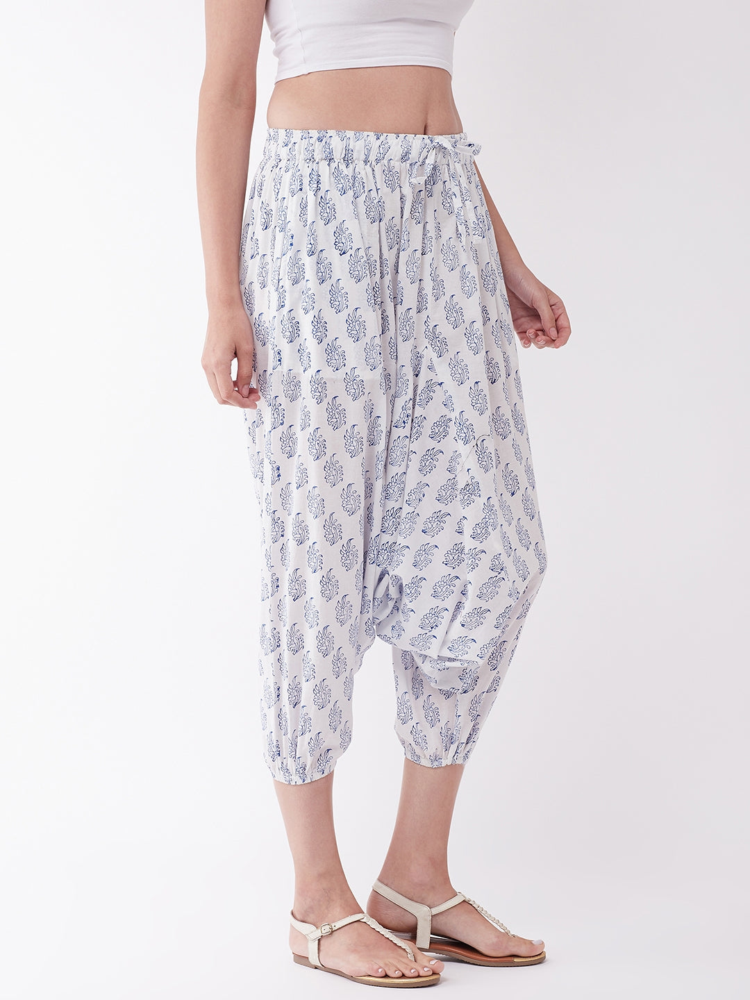 White Block Print Harem Pant