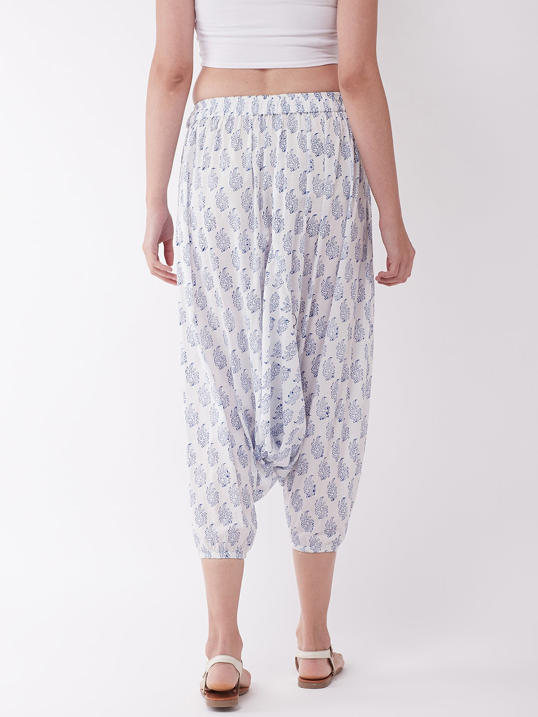 White Block Print Harem Pant