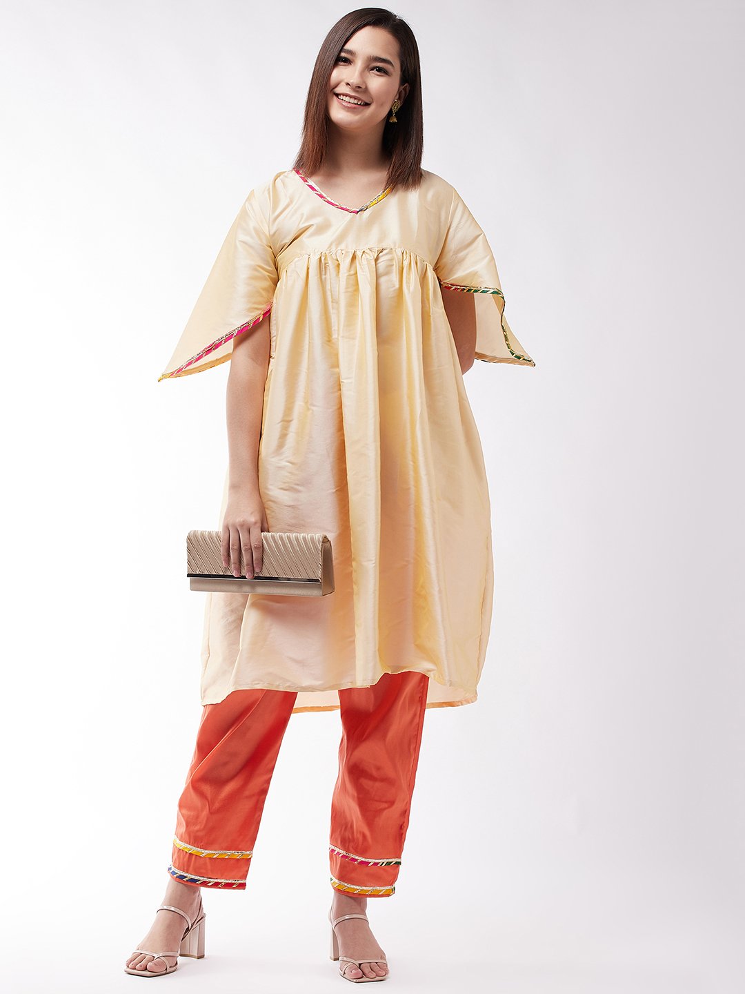 Orange Silk Pant With Gota Work