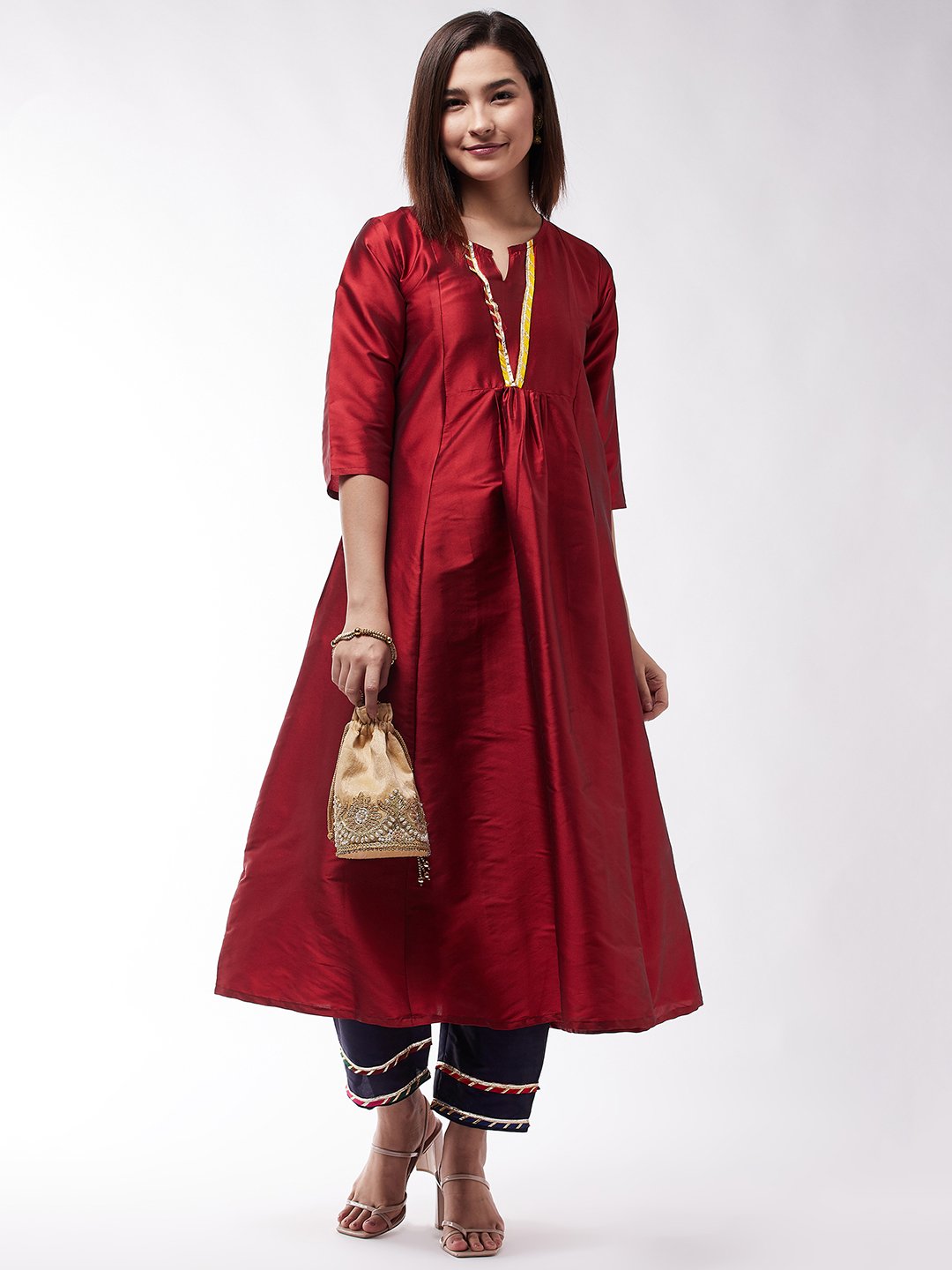 Navy Silk Pant With Gota Work