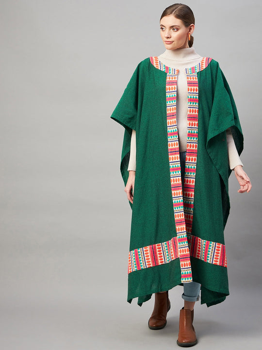 Green Handloom Long Cape Poncho