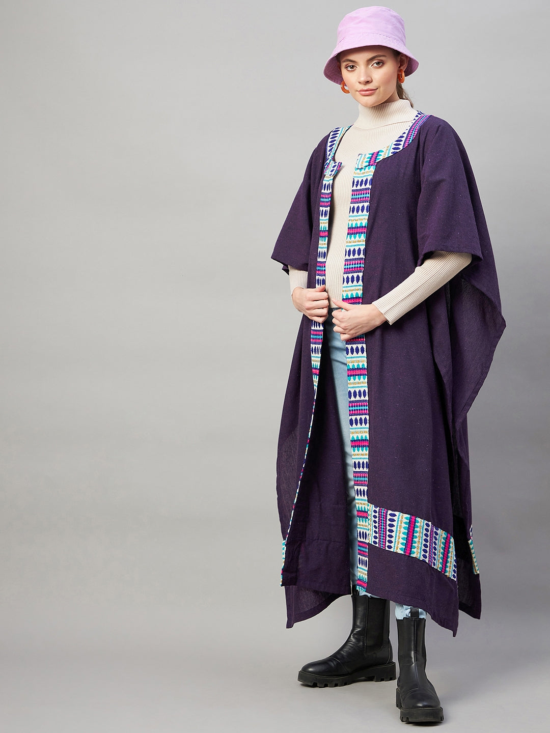 Purple Handloom Long Cape Poncho