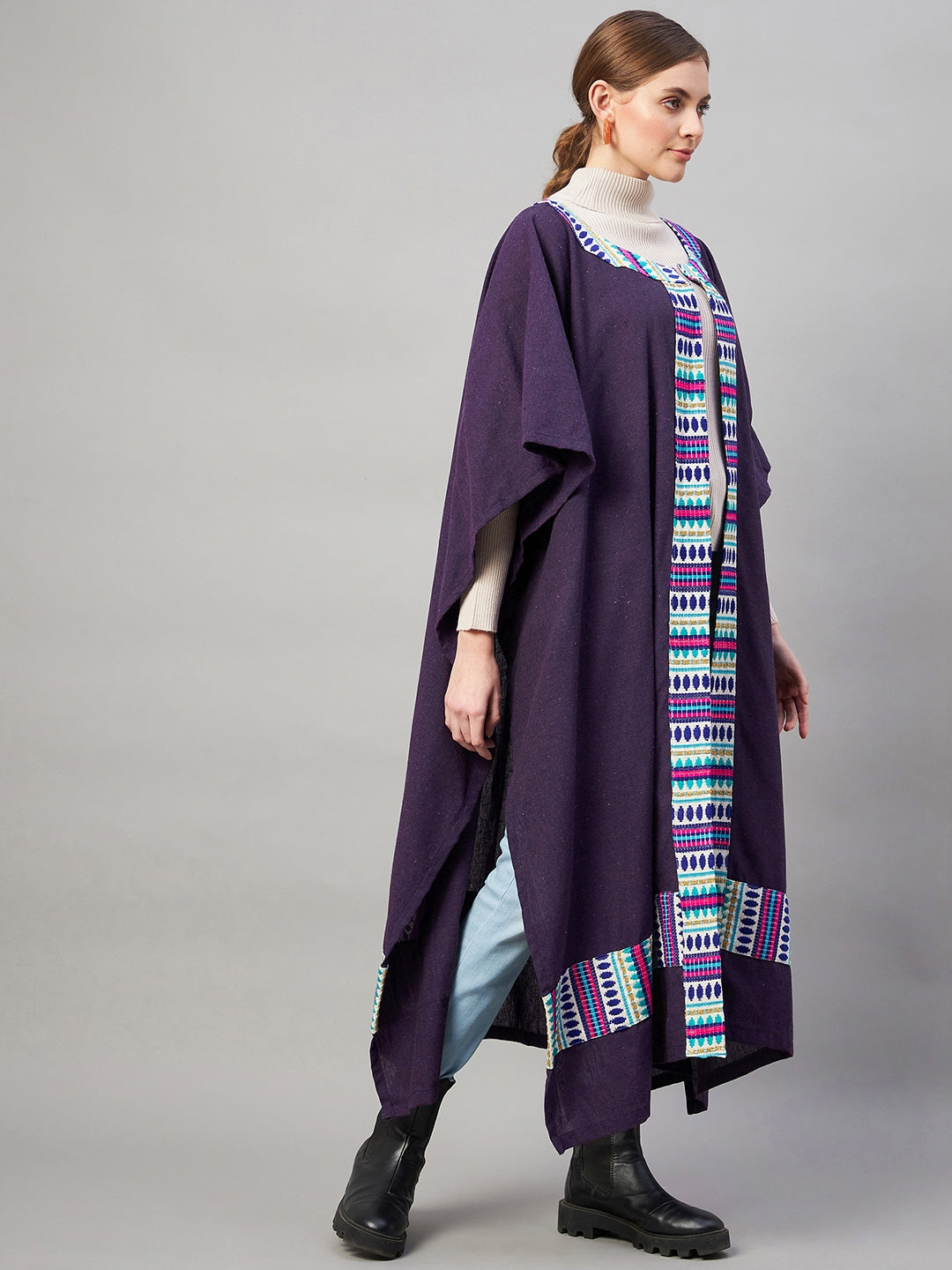 Purple Handloom Long Cape Poncho