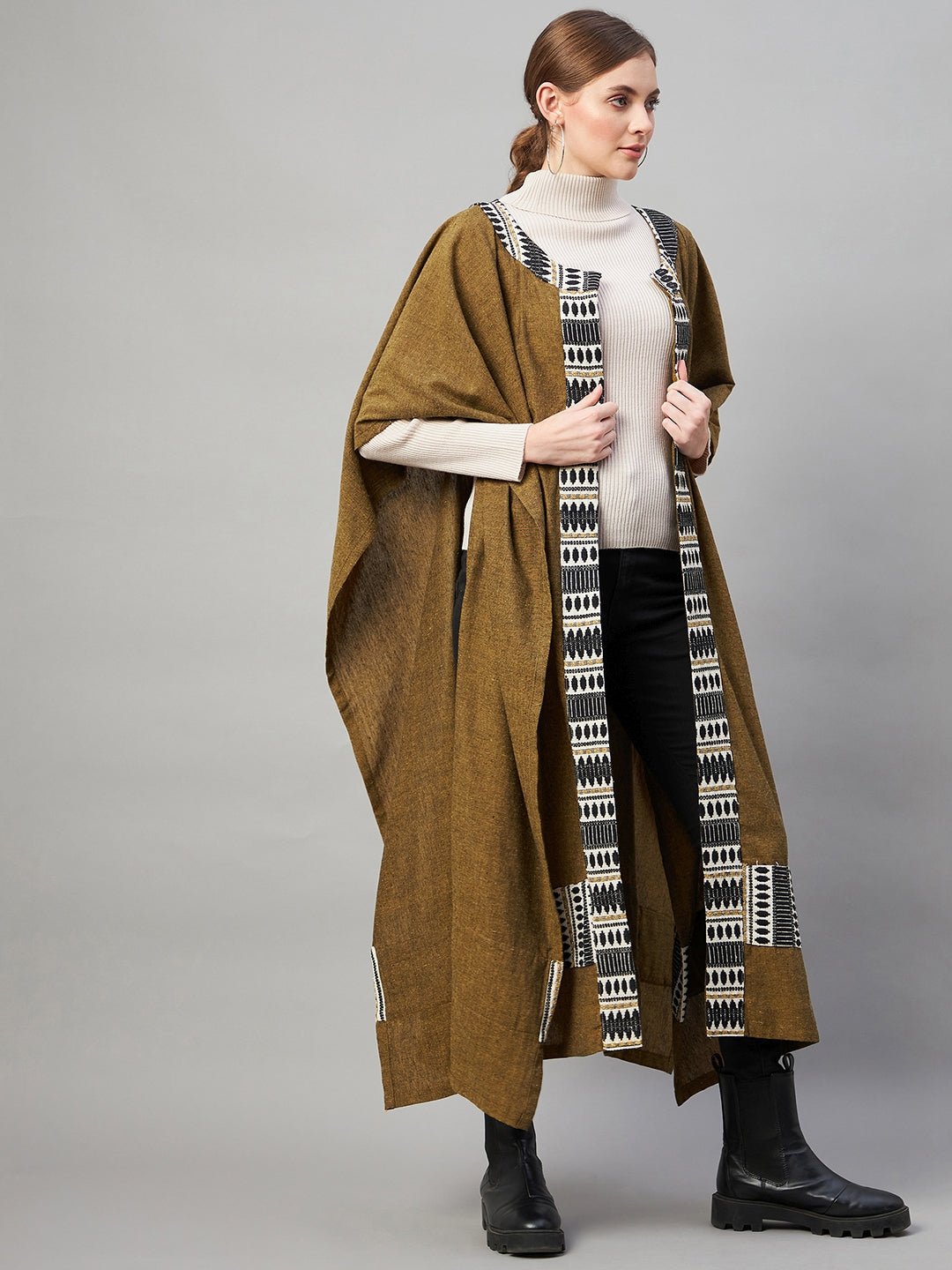 Olive Handloom Long Poncho