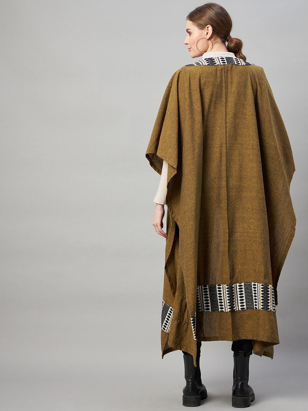 Olive Handloom Long Poncho