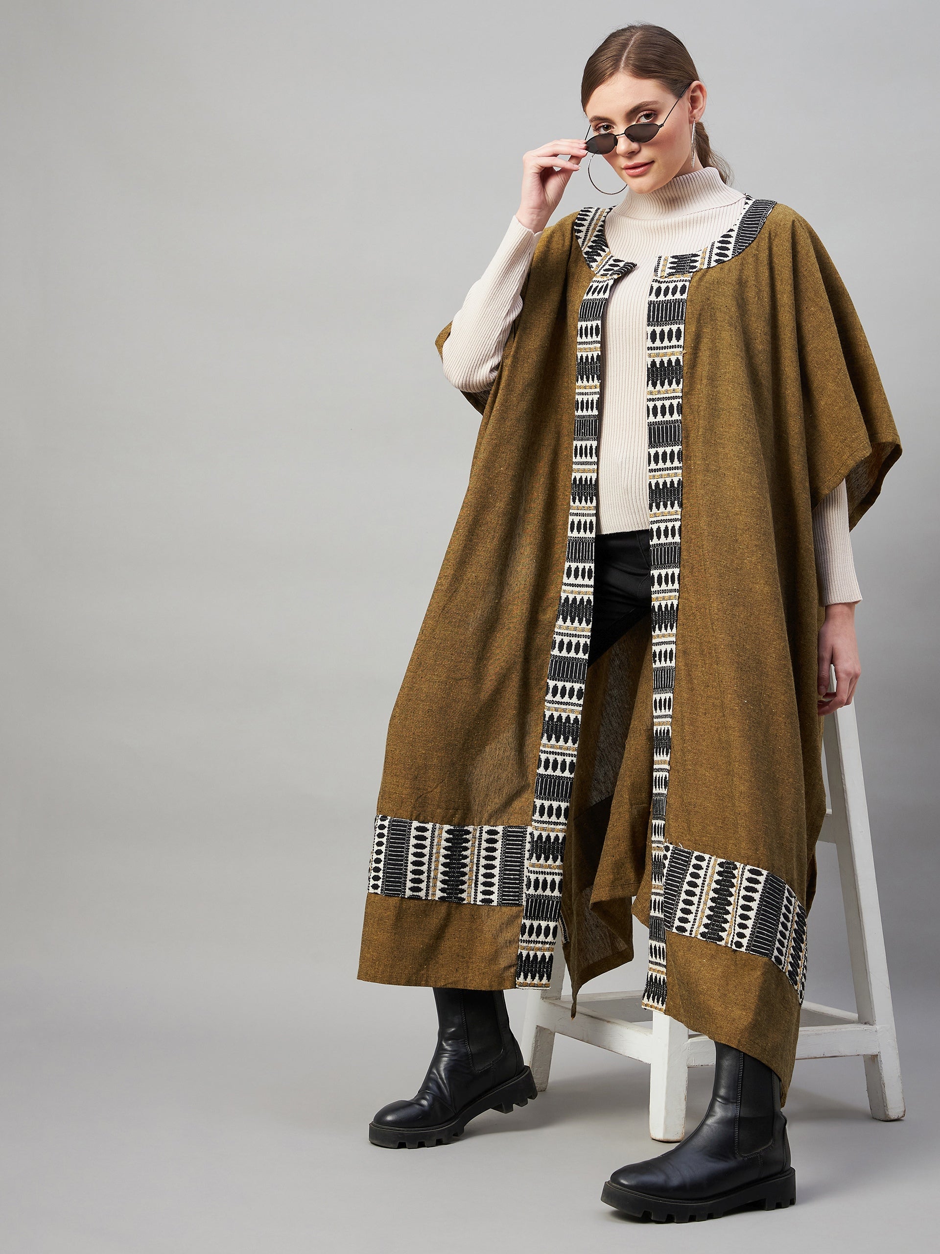 Olive Handloom Long Poncho