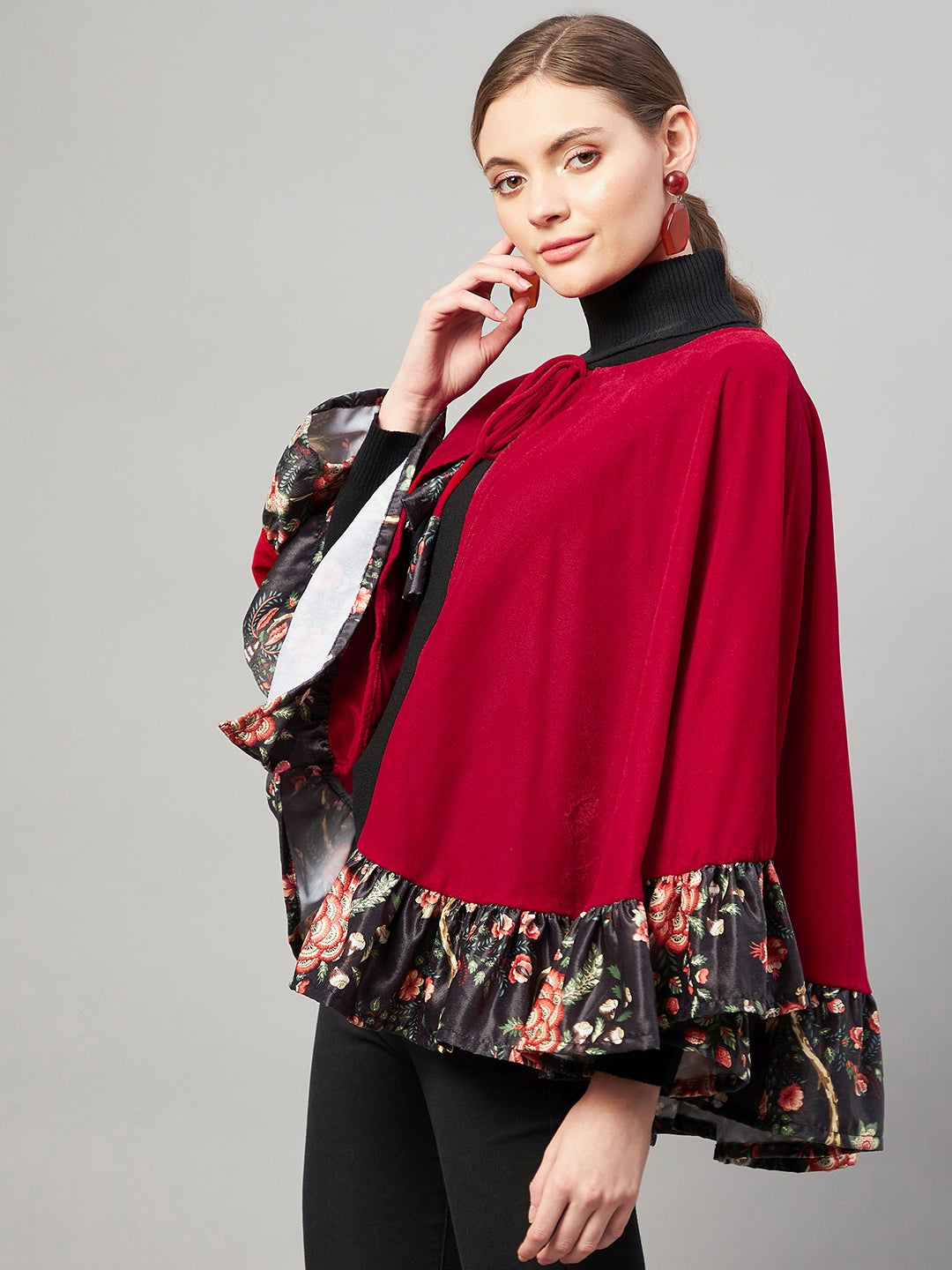 Maroon Velvet Short Poncho