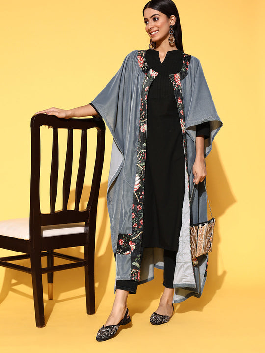 Grey Black Border Velvet Long Cape