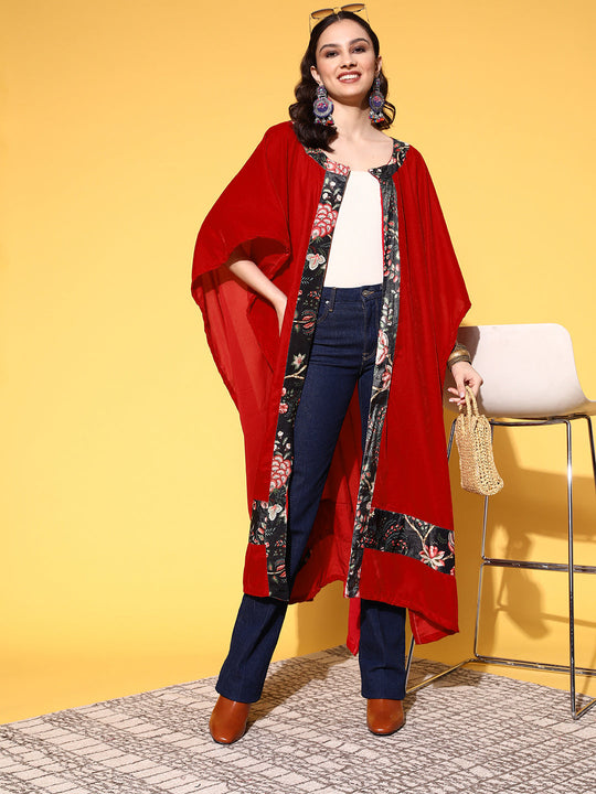 Maroon Black Border Velvet Long Cape