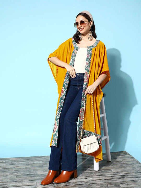 Mustard Green Border Velvet Long Cape
