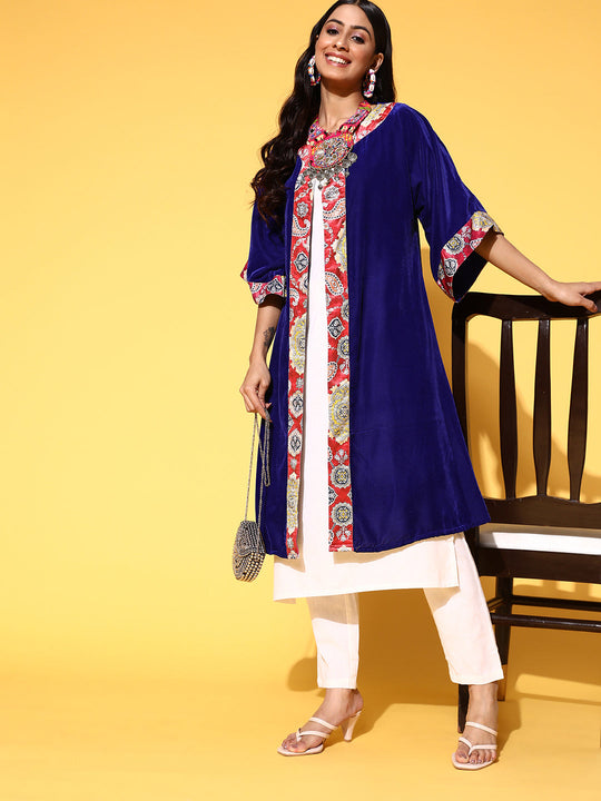 Blue Red Border Cape Shrug In Velvet
