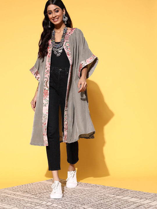 Grey Peach Border Cape Shrug In Velvet