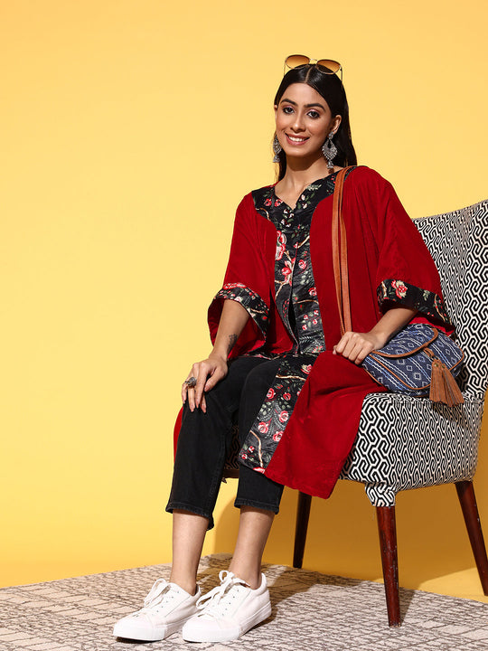 Maroon Black Border Cape Shrug In Velvet