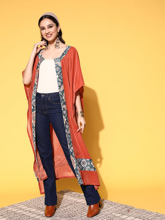 Rust Green Border Velvet Long Cape