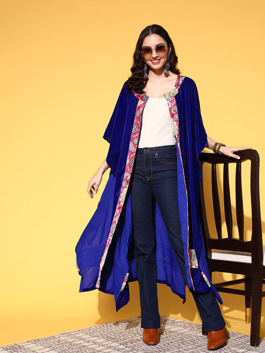 Blue Red Border Velvet Long Cape