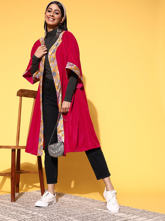 Fuchsia Mustard Border Cape Shrug In Velvet