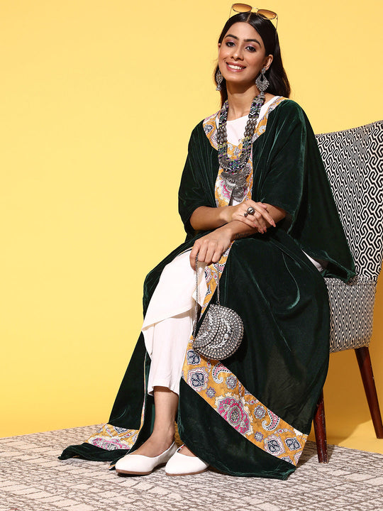 Bottle Green Mustard Border Velvet Long Cape