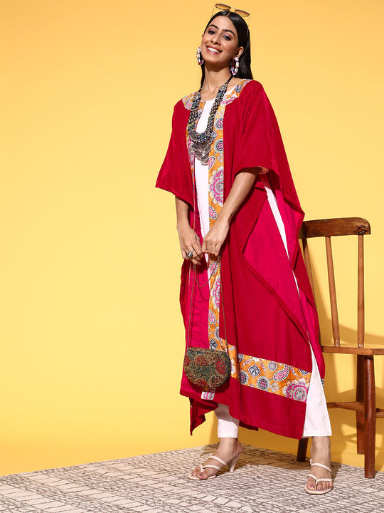 Fuschia Mustard Border Velvet Long Cape