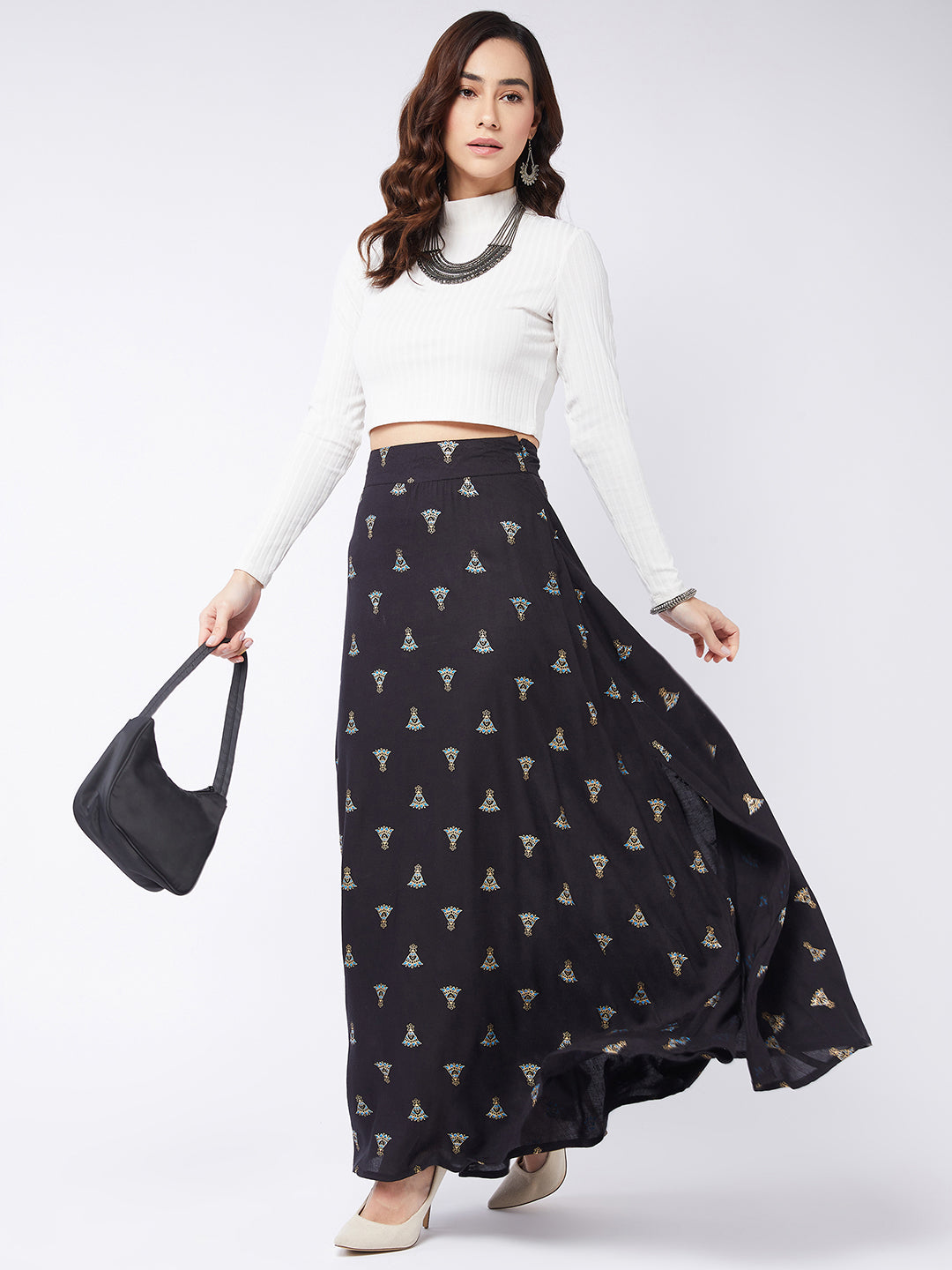 Pitch Black Printed Side Slit Long Skirt