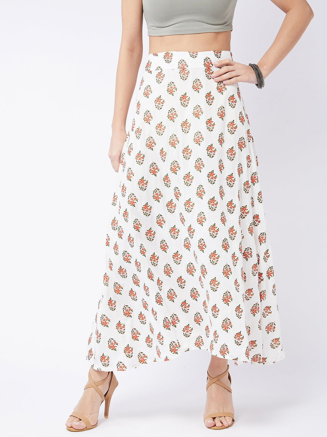 Pearl White Floral Print Long Skirt