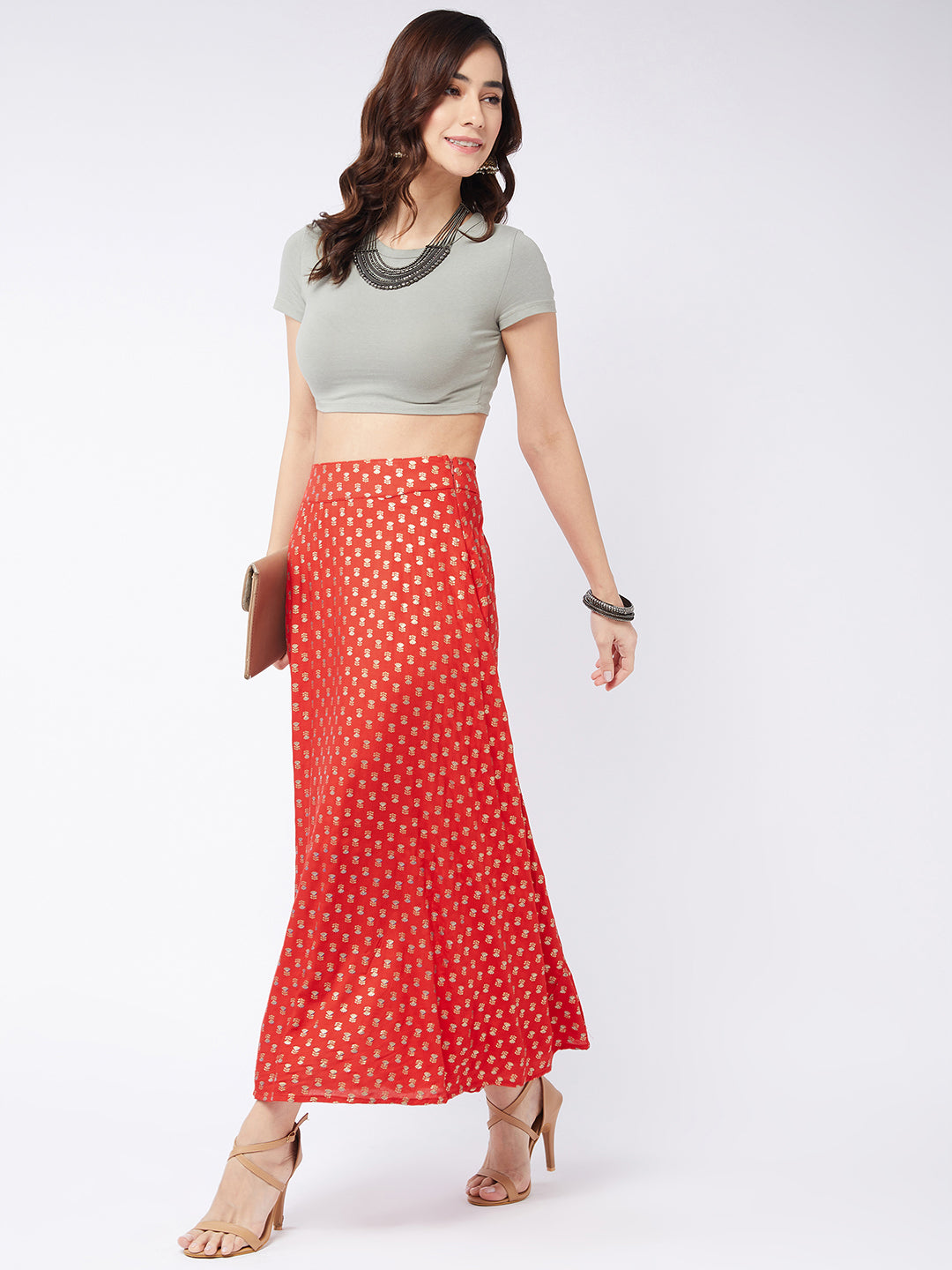 Current Red Gold Print Long Skirt