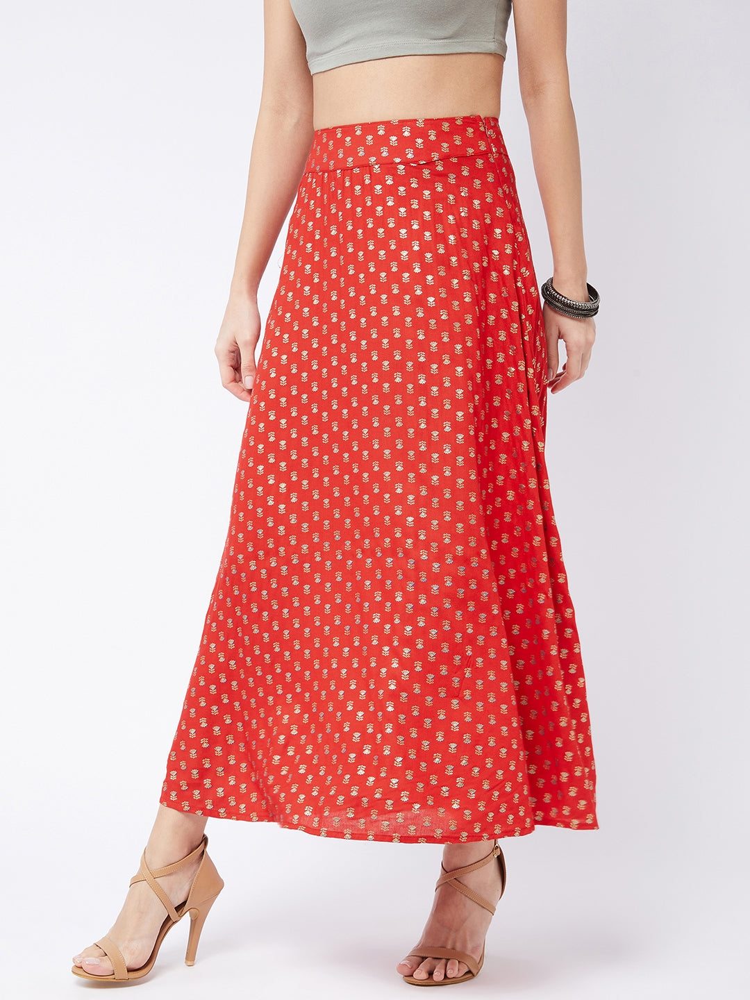 Current Red Gold Print Long Skirt