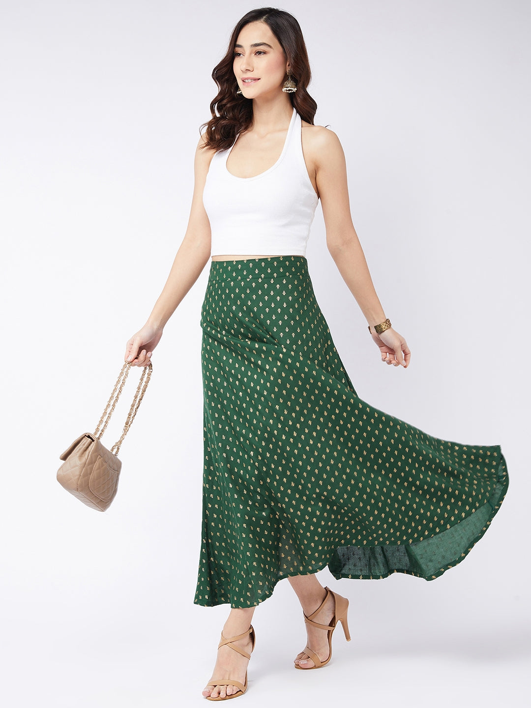 Forest Green Gold Print Long Skirt