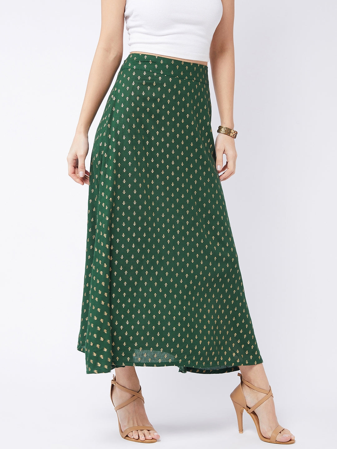 Forest Green Gold Print Long Skirt