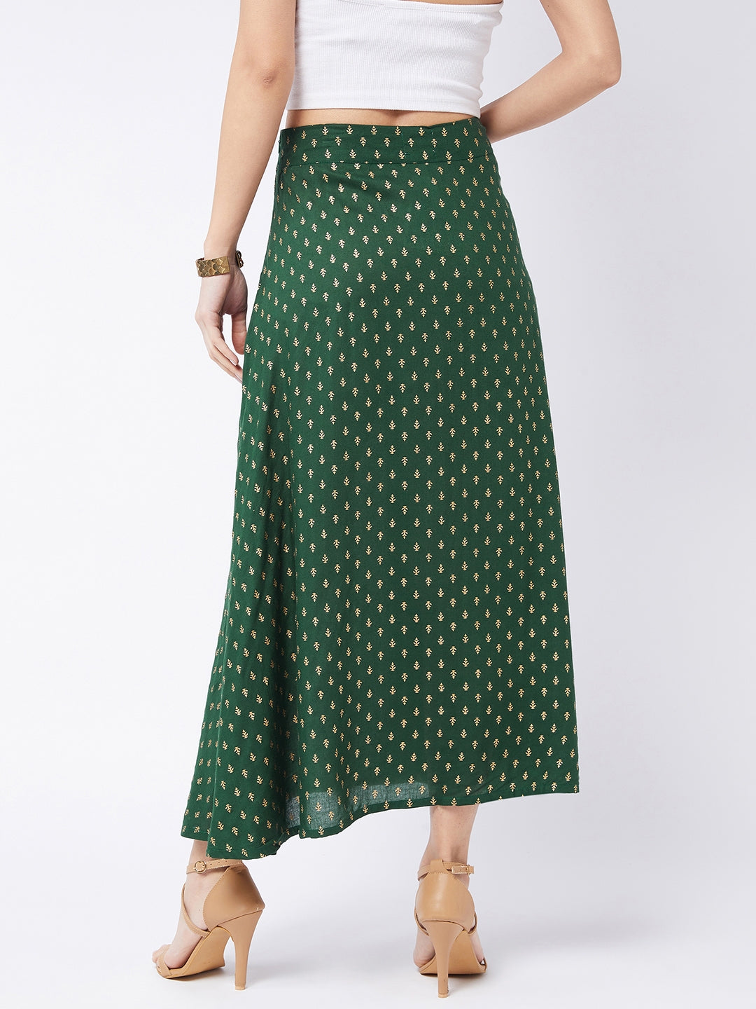 Forest Green Gold Print Long Skirt