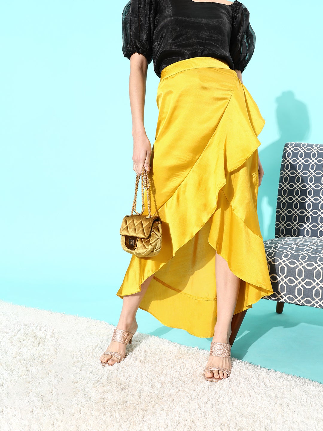 Yellow Asymmetrical Frill Satan Skirt