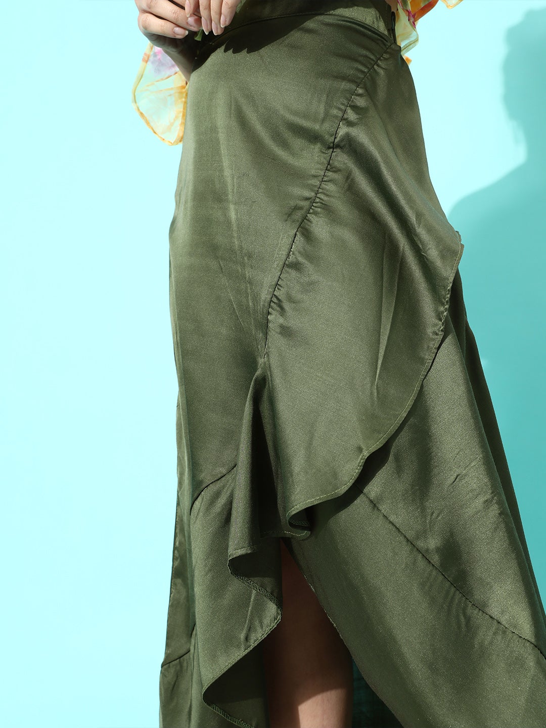 Olive Asymmetrical Frill Satan Skirt