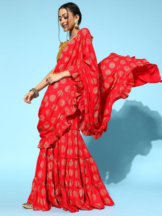 Red Draped Sharara Saree