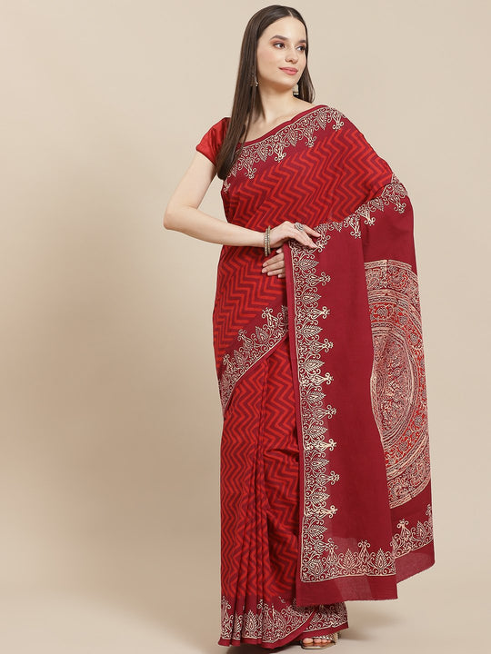Block Printed Scarlet Red Saree