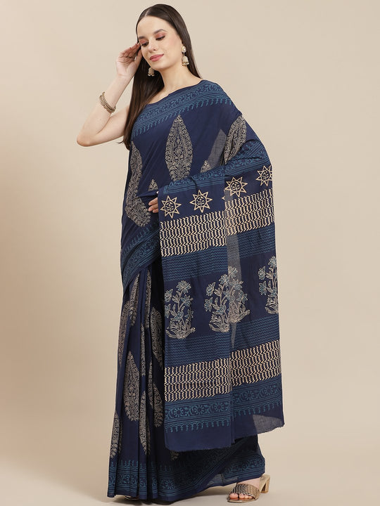 Block Printed Denim Blue Saree