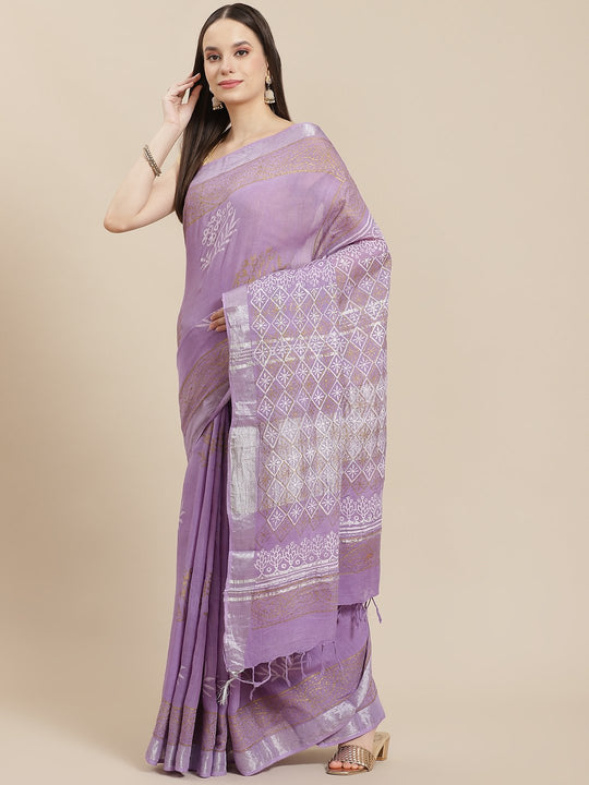 Block Printed Purple Saree